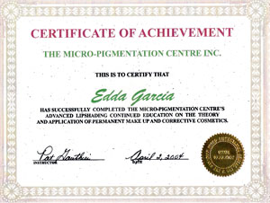 Micro-Pigmentation Center Inc, Certificate of Achievement